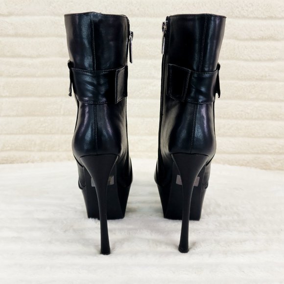 Kinder Pointy Toe Platform Stiletto Heel Ankle Boots Black Vegan Leather - Picture 3 of 9
